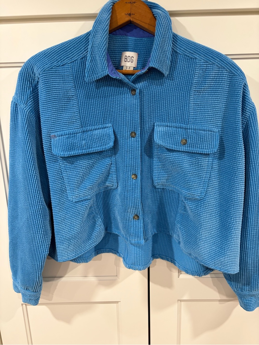 BDG Bright Blue Corduroy Button-Up Cropped Shirt Jacket